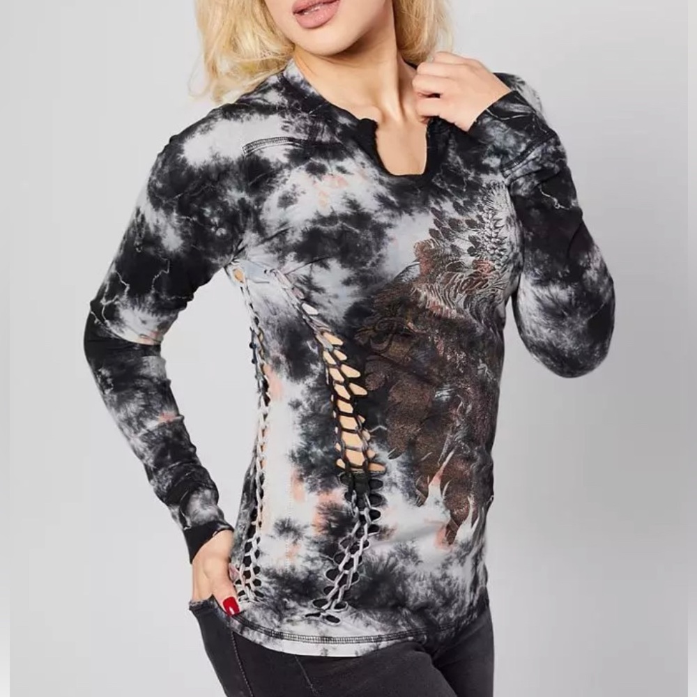 Affliction Women’s Longing Western Thermal Braiding Details Long Sleeve Top S